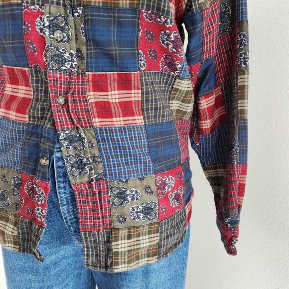 Vintage 90s Class Club Patchwork Plaid Bandana Print Cotton Button Down Shirt M - Picture 3 of 8